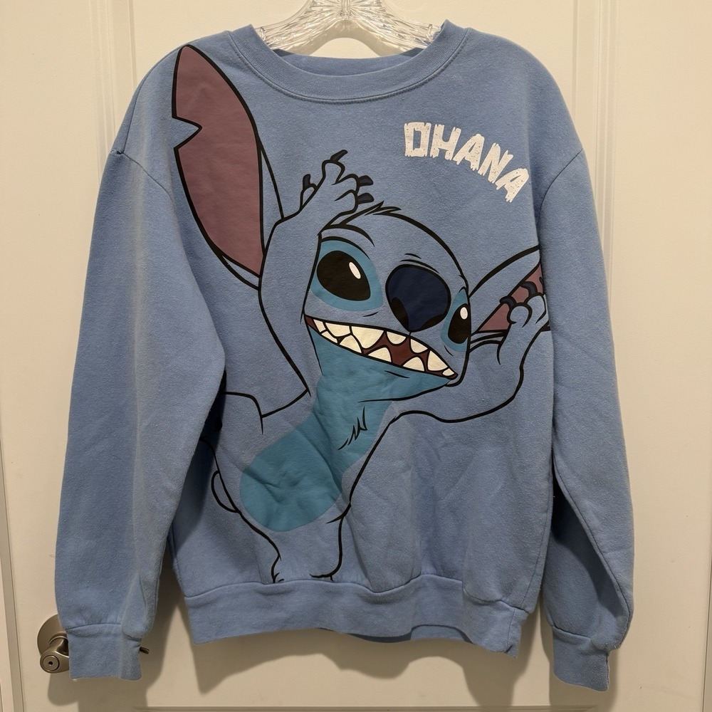 Disney Sweater Womens Large 11/14 Blue Stitch Ohana Crew Neck Sweatshirt Casual